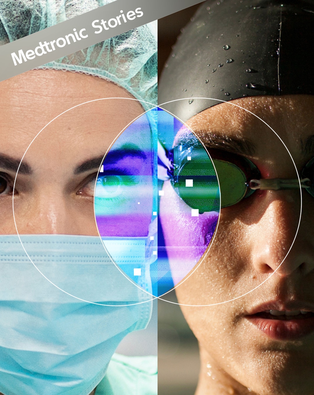 Split-screen illustration depicts a close up of a surgeon's face on left and a swimmer's face on the right